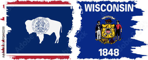 Wisconsin and Wyoming states grunge brush flags connection, vector