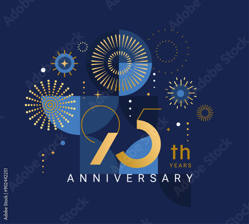 Anniversary 95, celebrating ninety five years,95th anniversary.Elegant card for event with abstract golden fireworks and golden numbers on blue background with geometric pattern.Vector illustration