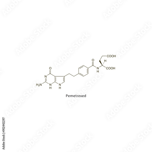 Pemetrexed flat skeletal molecular structure Antineoplastic drug used in cancer treatment. Vector illustration scientific diagram.