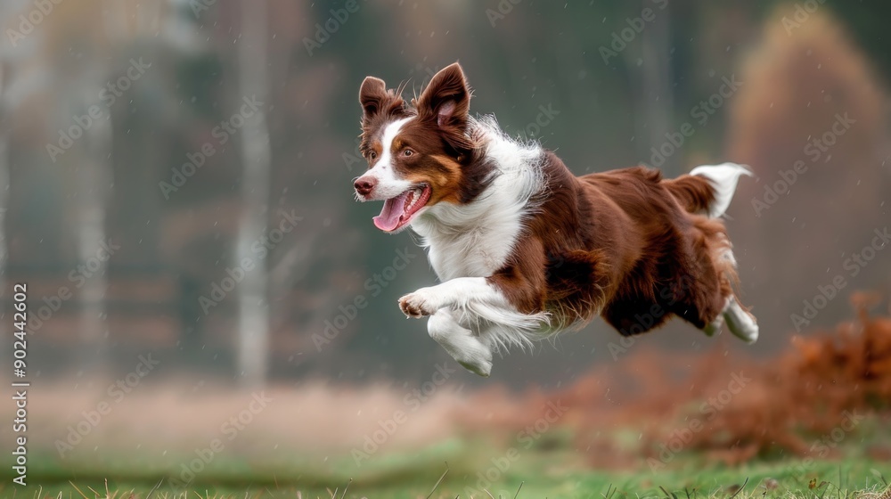 Adult brown white border collie run very fast in training day. Happy dog jump side view. Adult brown white border collie run very fast in training day. Happy dog jump side view.