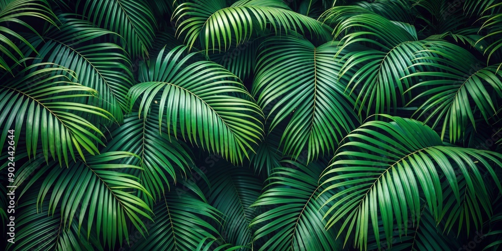 Large palm foliage creating a dark green nature background, , exotic, tropical, lush, leaves, growth, botanical, jungle Large palm foliage creating a dark green nature background, , exotic, tropical, lush, leaves, growth, botanical, jungle