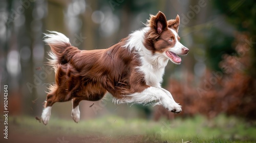 Adult brown white border collie run very fast in training day. Happy dog jump side view.