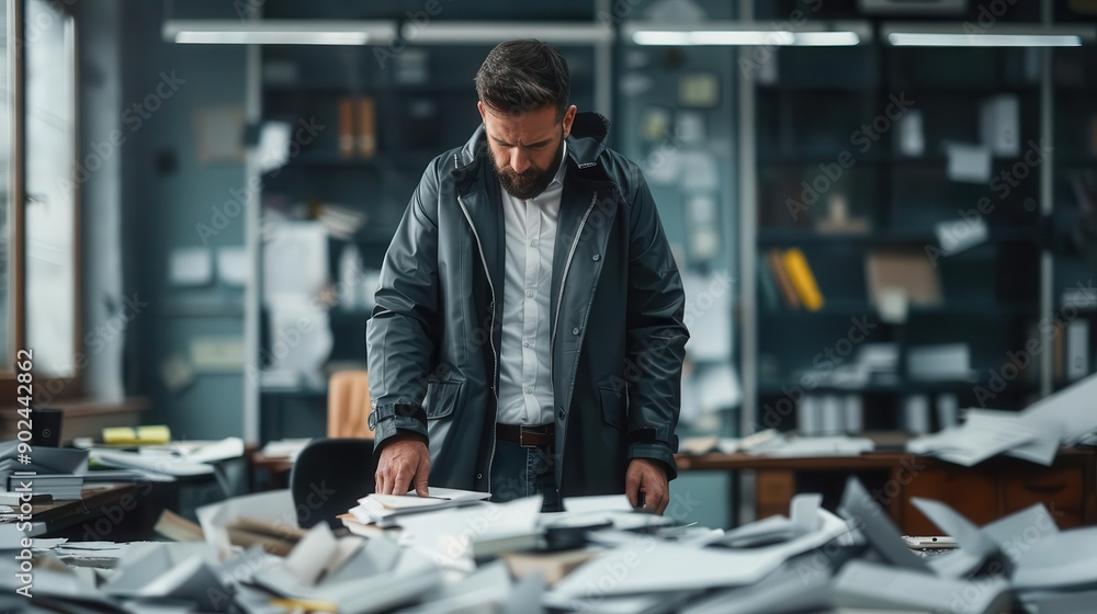 Man in raincoat standing in broken office, symbolic of business resilience Man in raincoat standing in broken office, symbolic of business resilience