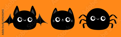 Happy Halloween. Black Bat, Cat kitten, Spider round icon set. Smiling face. Cute cartoon baby character. Kawaii animal. Childish style. Sticker print. Flat design. Orange background. Isolated. Vector