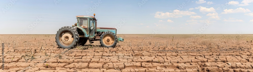 Withered crops and an old tractor in a dusty field, Farm equipment, Impact of economic downturn Withered crops and an old tractor in a dusty field, Farm equipment, Impact of economic downturn