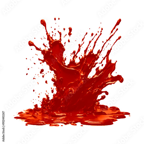 Splashes of tomato ketchup or red liquid tomato juice, vector realistic isolated 3d. Red fruit flow or tomato ketchup splash for food background with texture