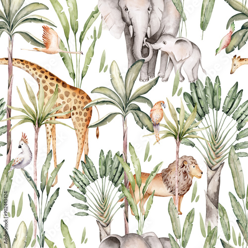 Canvas Print Wild animals watercolor seamless pattern with giraffe and elephant, monkey with cockatoo, parrot savannah with palm trees