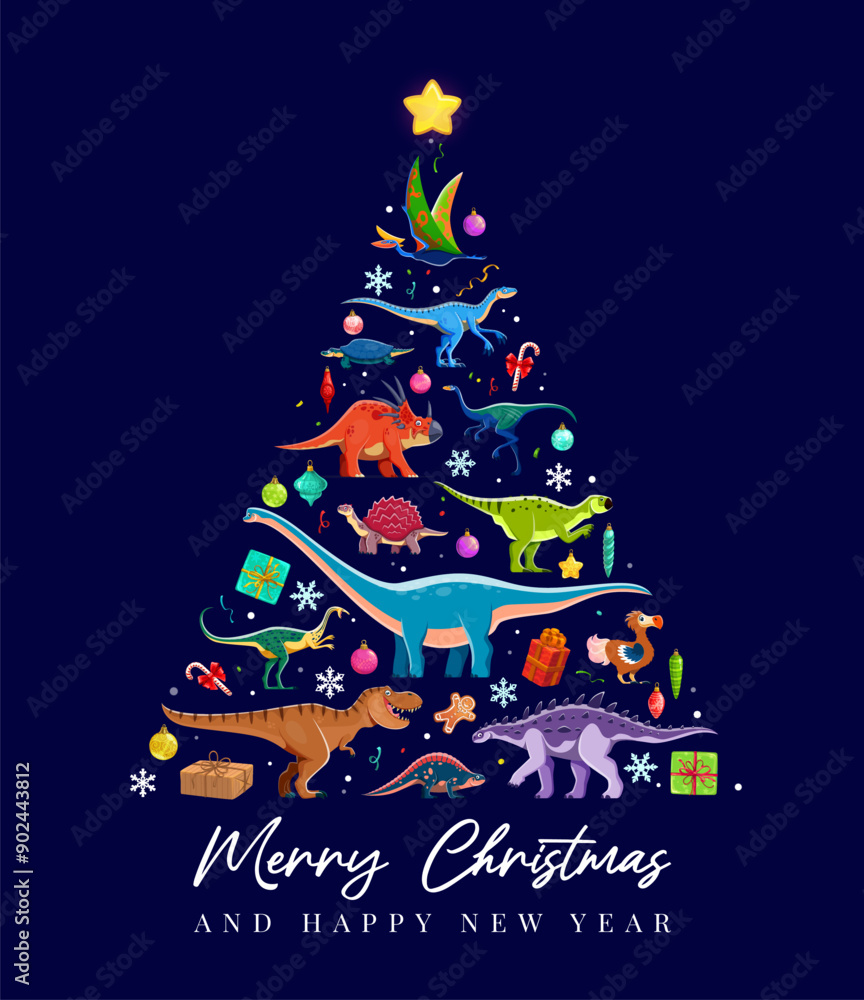Christmas holiday dinosaurs tree with Xmas gifts, balls, snow and star, vector Merry Christmas and New Year holidays. Cartoon tyrannosaurus, styracosaurus and eoraptor, jurassic dinosaurs Xmas tree Christmas holiday dinosaurs tree with Xmas gifts, balls, snow and star, vector Merry Christmas and New Year holidays. Cartoon tyrannosaurus, styracosaurus and eoraptor, jurassic dinosaurs Xmas tree