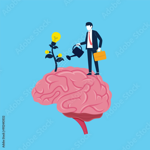 Businessman watering seeds growing in their brains. Vector illustration of growing business idea concept