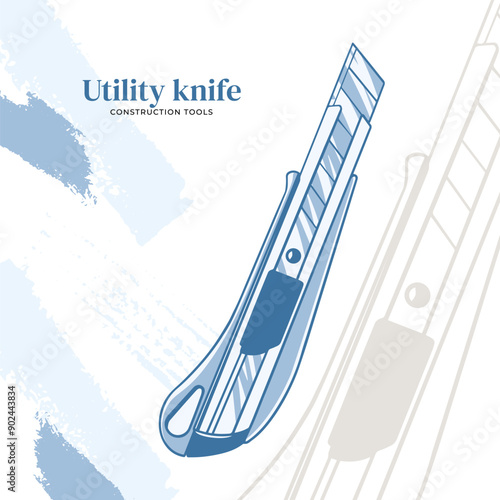 Stationery knife. Tool for cutting paper and plasterboard. Monochrome vector illustration. Office and construction. For background, banner