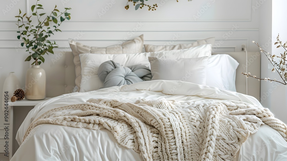 Warm and Inviting Interior: Cozy Bed with Soft Furnishings in a Private Urban Apartment for Early Daybreak Comfort. Warm and Inviting Interior: Cozy Bed with Soft Furnishings in a Private Urban Apartment for Early Daybreak Comfort.