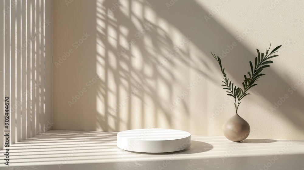 A white vase with a green leaf in it sits on a white pedestal A white vase with a green leaf in it sits on a white pedestal