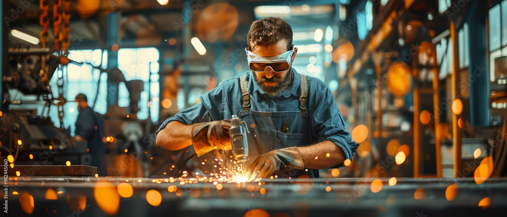 Man is working with angle welding machine in custom made motorbike garage.Generative AI Man is working with angle welding machine in custom made motorbike garage.Generative AI