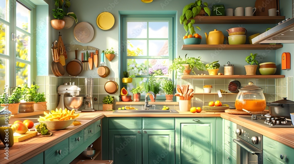 Sunny Kitchen Interior with Green Cabinets and Natural Light. Sunny Kitchen Interior with Green Cabinets and Natural Light.