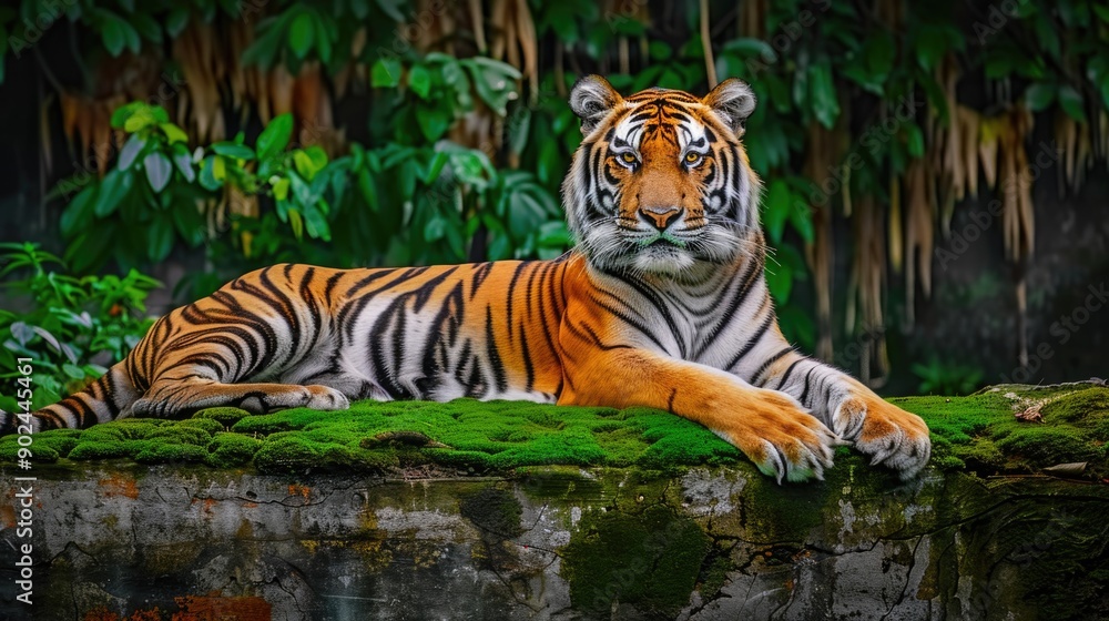 Fototapeta premium beautiful bengal tiger with lush green habitat background