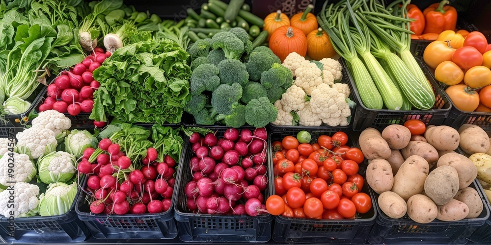 Vibrant Display of Fresh Organic Vegetables in Market Vibrant Display of Fresh Organic Vegetables in Market