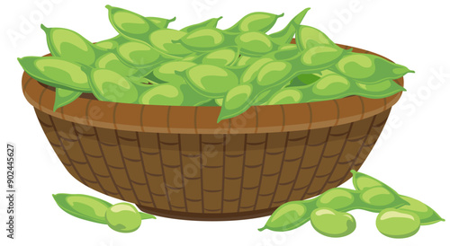 かごに入った枝豆のイラストアイコン／濃茶のかご、塩なし