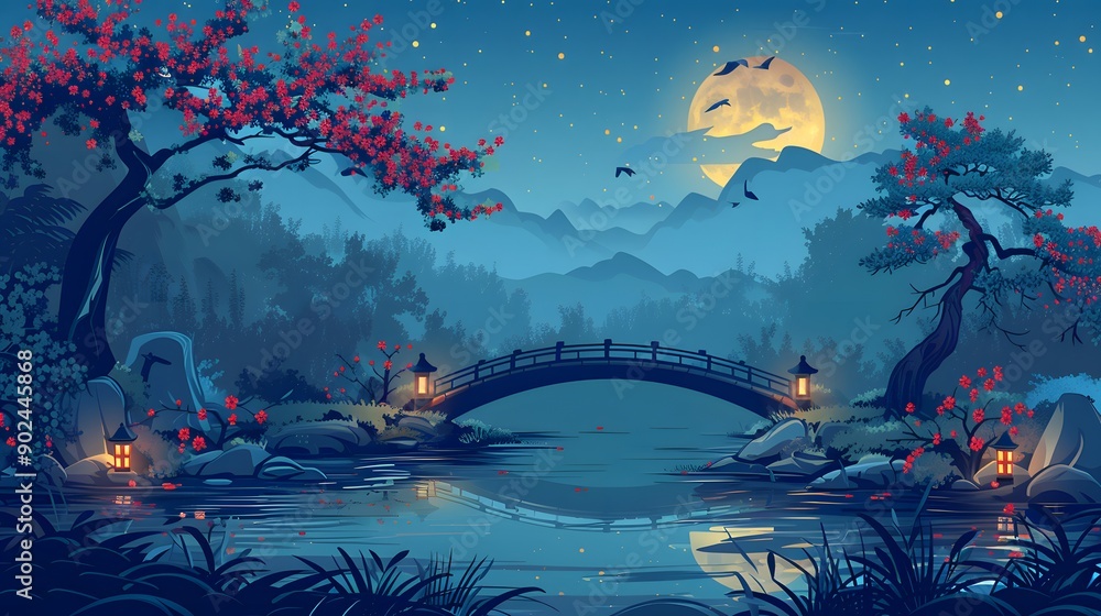 Serene night scene with cherry blossom trees, tranquil lake, and mountains illuminated by a full moon under a starry sky Serene night scene with cherry blossom trees, tranquil lake, and mountains illuminated by a full moon under a starry sky