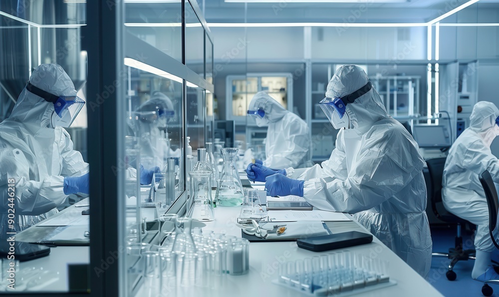Researchers in protective suits working in pharmaceutical laboratory. Researchers in protective suits working in pharmaceutical laboratory.