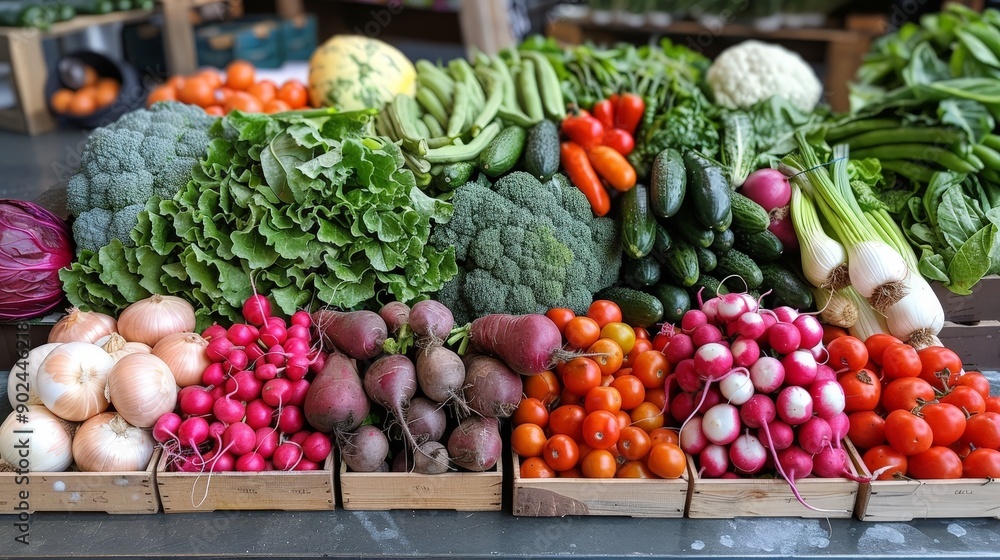 Vibrant Display of Fresh Organic Vegetables in Market Vibrant Display of Fresh Organic Vegetables in Market