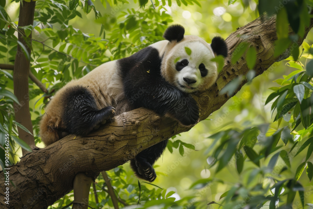 Fototapeta premium A Giant Panda Resting on a Tree Branch in a Lush Forest