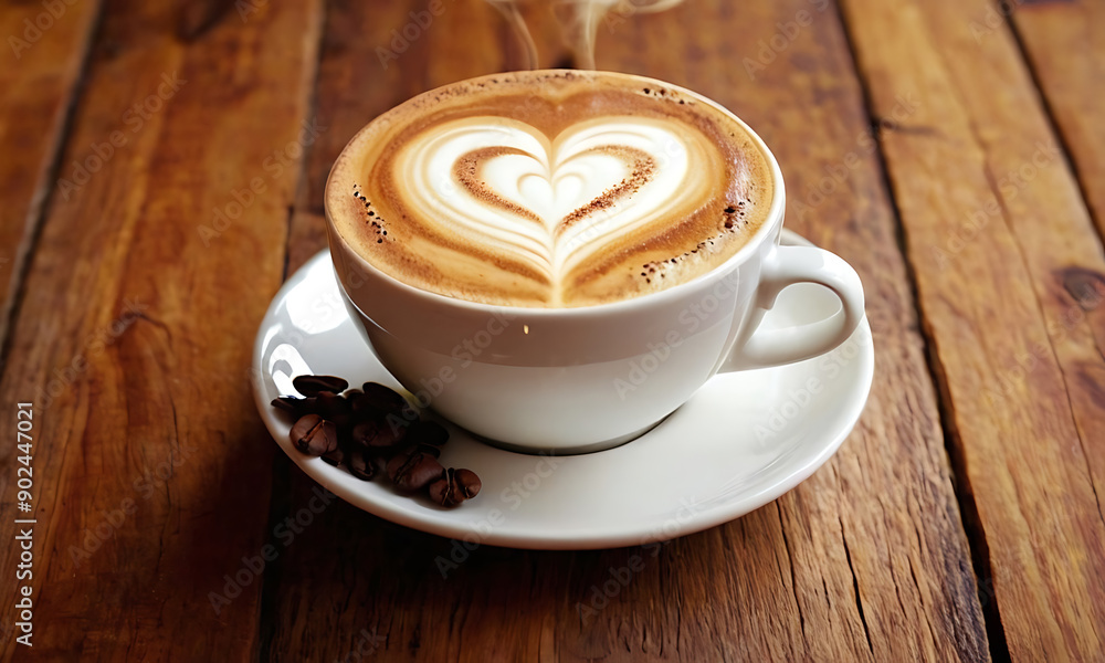 crafted cappuccino in a white coffee cup, topped with intricate latte art in the shape of a heart crafted cappuccino in a white coffee cup, topped with intricate latte art in the shape of a heart