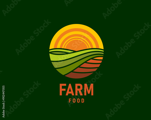 Agriculture farm field icon rural landscape. Isolated vector round emblem for natural organic food harvest, fresh healthy farmer market eco products. Ranch with green meadow and sun inside of circle