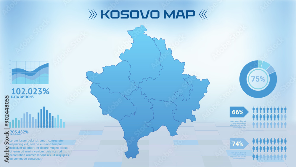 Fototapeta premium Blue Kosovo Flag Map with States, Political Kosovo Flag infographic map vector illustration