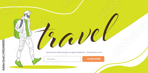 Travel concept man with backpack walking abstract green background website design