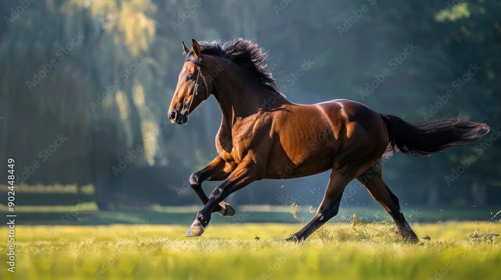 Fototapeta premium Bay horse in motion on on green grass