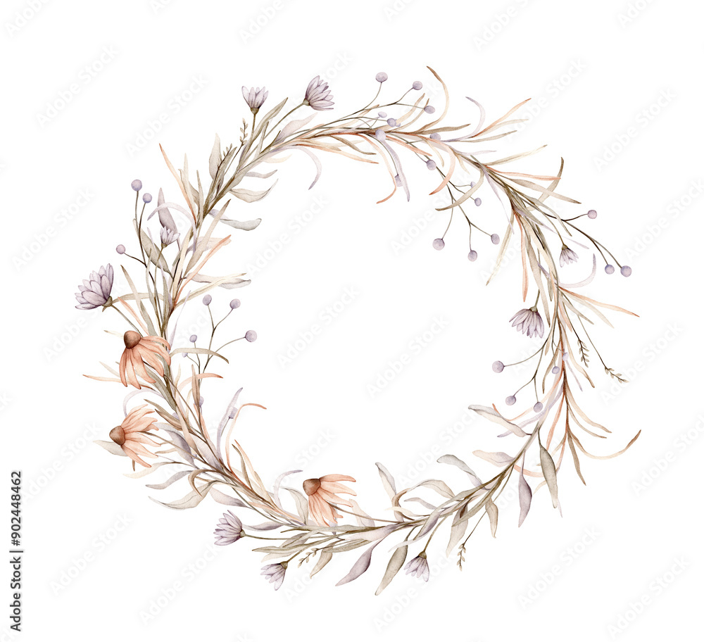Wreath of light violet and peach flowers. Watercolor hand painting illustration on isolate. Circlet of flowers with echinacea and herbs. Botanical floral autumn composition pastel color. Wreath of light violet and peach flowers. Watercolor hand painting illustration on isolate. Circlet of flowers with echinacea and herbs. Botanical floral autumn composition pastel color.