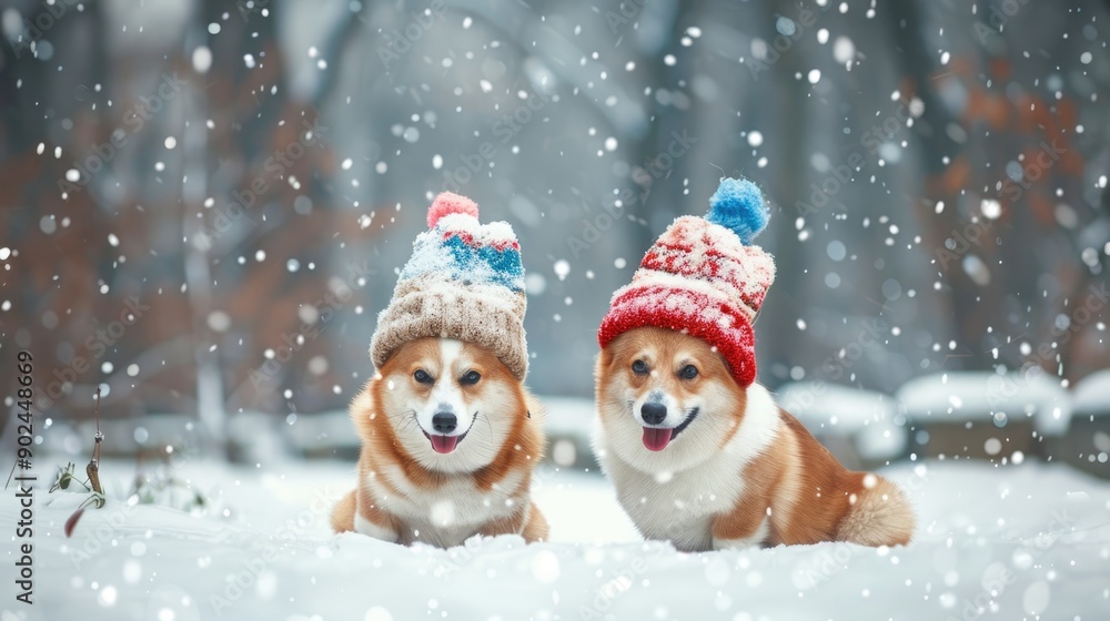 two cute red Corgi dogs sitting next to each other in the Park for a walk on a winter day in funny warm knitted hats during heavy snowfall two cute red Corgi dogs sitting next to each other in the Park for a walk on a winter day in funny warm knitted hats during heavy snowfall