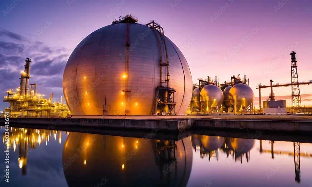 Obraz premium liquefied natural gas (LNG) spherical storage tank at dusk, illuminated by soft lights