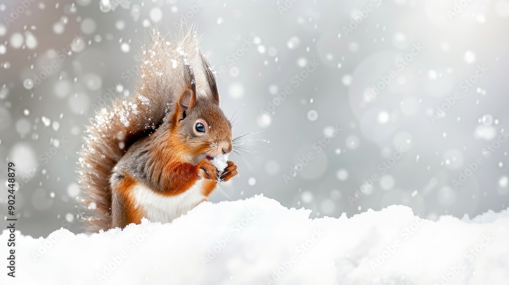 Cute red squirrel in the falling snow, winter in England Cute red squirrel in the falling snow, winter in England