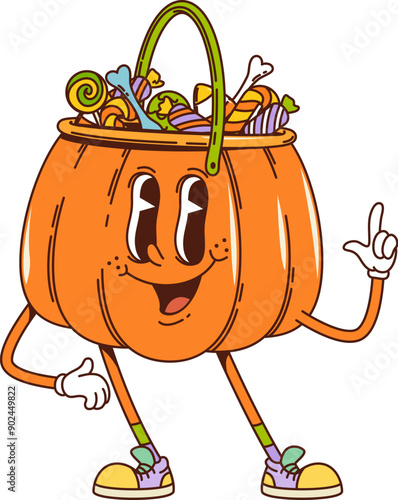 Retro groovy Halloween basket character. Isolated cartoon vector pumpkin filled with trick or treat candies, wearing sneakers, holding index finger up as if making a point with happy face expression