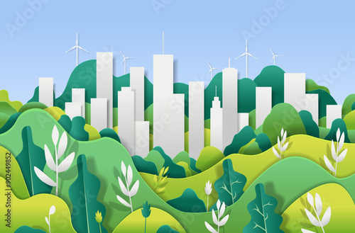 Eco-friendly cityscape with green hills wind turbines and modern buildings in the background nature and urban harmony paper cut style