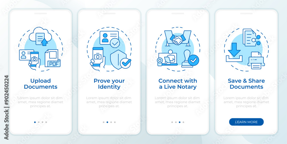 Online notary blue onboarding mobile app screen. Walkthrough 4 steps editable graphic instructions with linear concepts. UI, UX, GUI template. Montserrat SemiBold, Regular fonts used Online notary blue onboarding mobile app screen. Walkthrough 4 steps editable graphic instructions with linear concepts. UI, UX, GUI template. Montserrat SemiBold, Regular fonts used