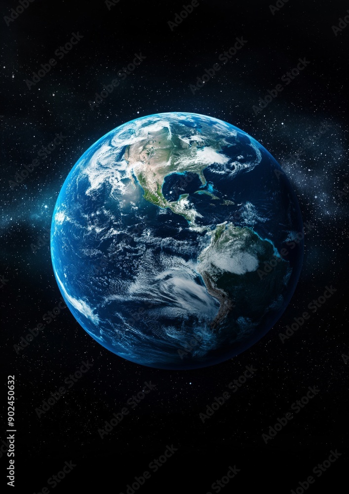 Fototapeta premium A glowing view of Earth from space, showcasing its beautiful blue tones against the black void. A universal image perfect for Earth Day or global unity themes.