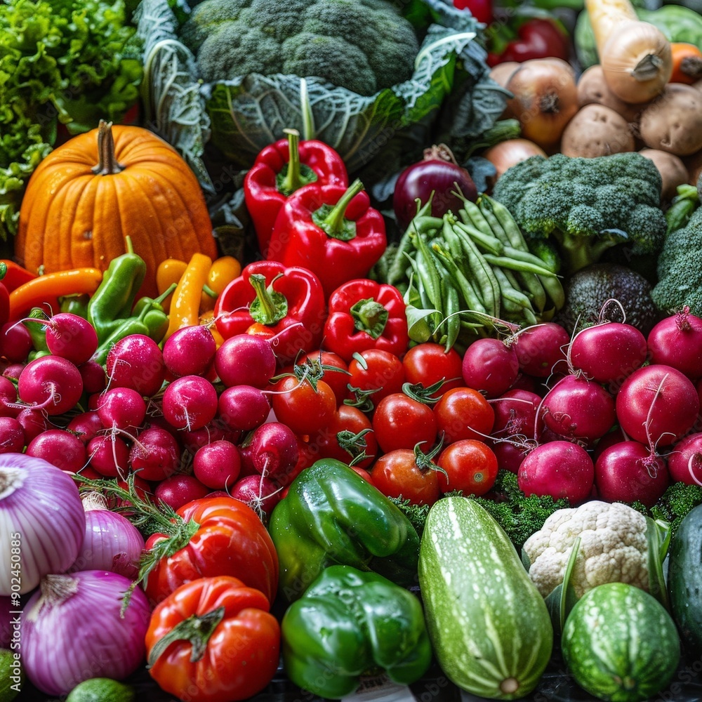 Vibrant Display of Fresh Organic Vegetables in Market Vibrant Display of Fresh Organic Vegetables in Market