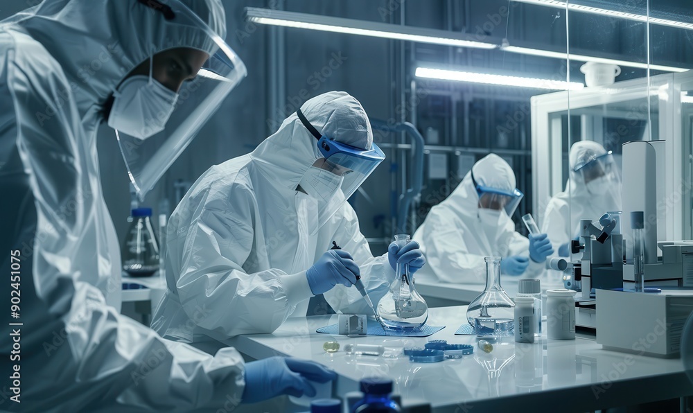 Researchers in protective suits working in pharmaceutical laboratory. Researchers in protective suits working in pharmaceutical laboratory.