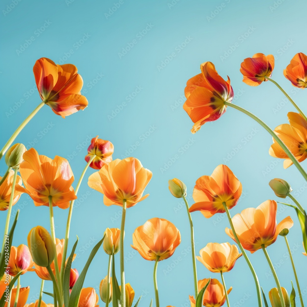 Fototapeta premium Orange Tulips Blooming Under a Blue Sky – Spring Awakening
