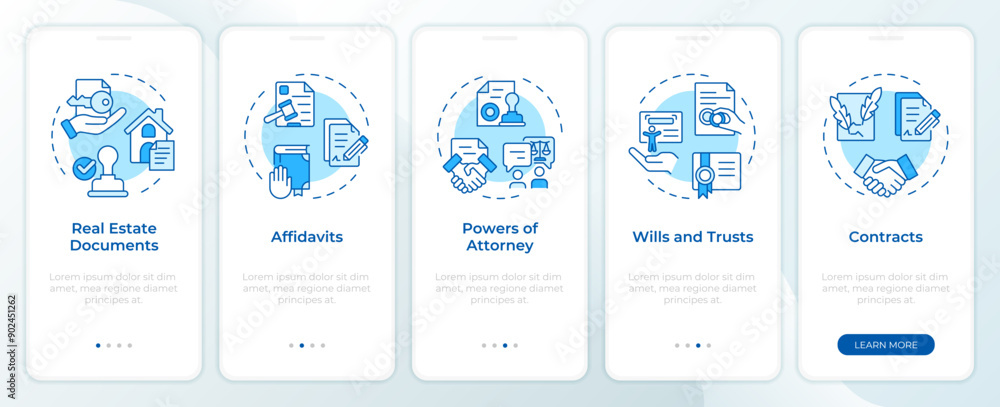 Notarization documents blue onboarding mobile app screen. Walkthrough 5 steps editable graphic instructions with linear concepts. UI, UX, GUI template. Montserrat SemiBold, Regular fonts used Notarization documents blue onboarding mobile app screen. Walkthrough 5 steps editable graphic instructions with linear concepts. UI, UX, GUI template. Montserrat SemiBold, Regular fonts used