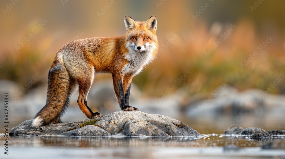 Fototapeta premium Beautiful red fox standing on a few stones over the water surface. Very focused on its prey. Pure natural wildlife photo. Ready to hunt.