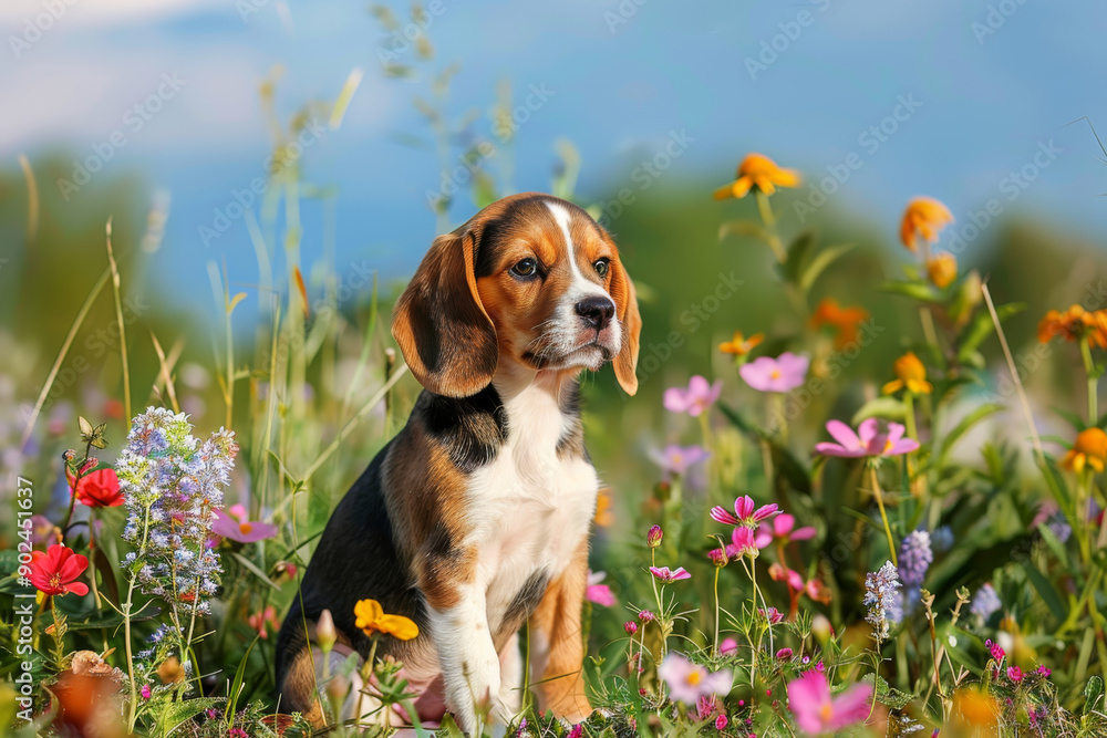 Beagle Puppy Sitting in a Field of Flowers Beagle Puppy Sitting in a Field of Flowers