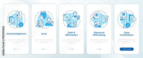 Types of notarization service blue onboarding mobile app screen. Walkthrough 5 steps editable graphic instructions with linear concepts. UI, UX, GUI template. Montserrat SemiBold, Regular fonts used