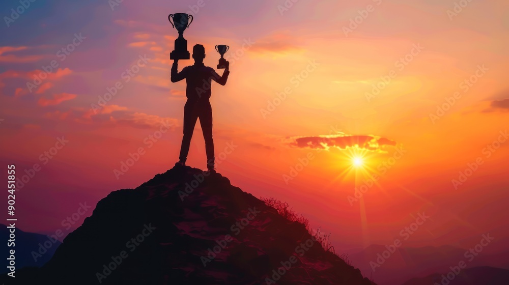 Silhouette of businessman holding trophy on top of mountain at sunset. Achievement of corporate leader to success. Silhouette of businessman holding trophy on top of mountain at sunset. Achievement of corporate leader to success.