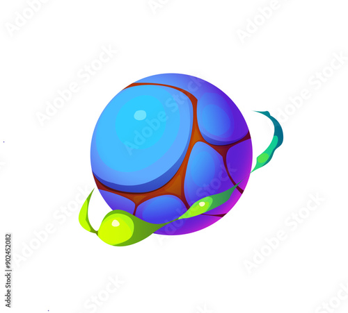 Cartoon fantasy alien space planet, galaxy game asset with a smooth blue surface wrapped by glowing green tendrils. Vector fantastical unknown world, surreal and otherworldly spherical celestial body