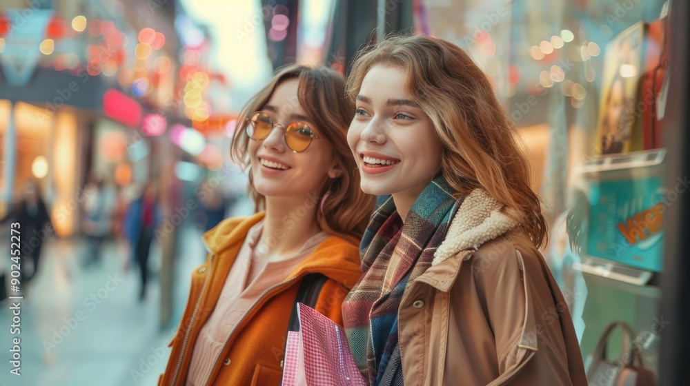 Two happy young women looking at store window while holding shopping bags near shopping mall Two happy young women looking at store window while holding shopping bags near shopping mall