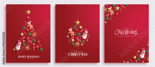 Christmas greetings card vector poster set design. Merry christmas, happy holidays and new year card collection with xmas decoration elements in red elegant background. Vector illustration holiday 