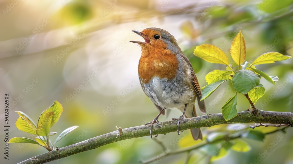 Robin (Erithacus rubecula) singing on branch. Bird in family Turdidae, with beak open in profile, making evening song Robin (Erithacus rubecula) singing on branch. Bird in family Turdidae, with beak open in profile, making evening song